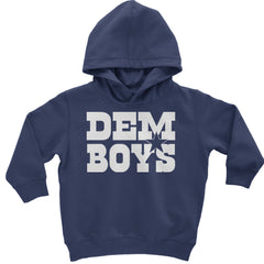 "DEM BOYS" lettering with a star accent on a toddler pullover fleece hoodie and an infant fleece one-piece