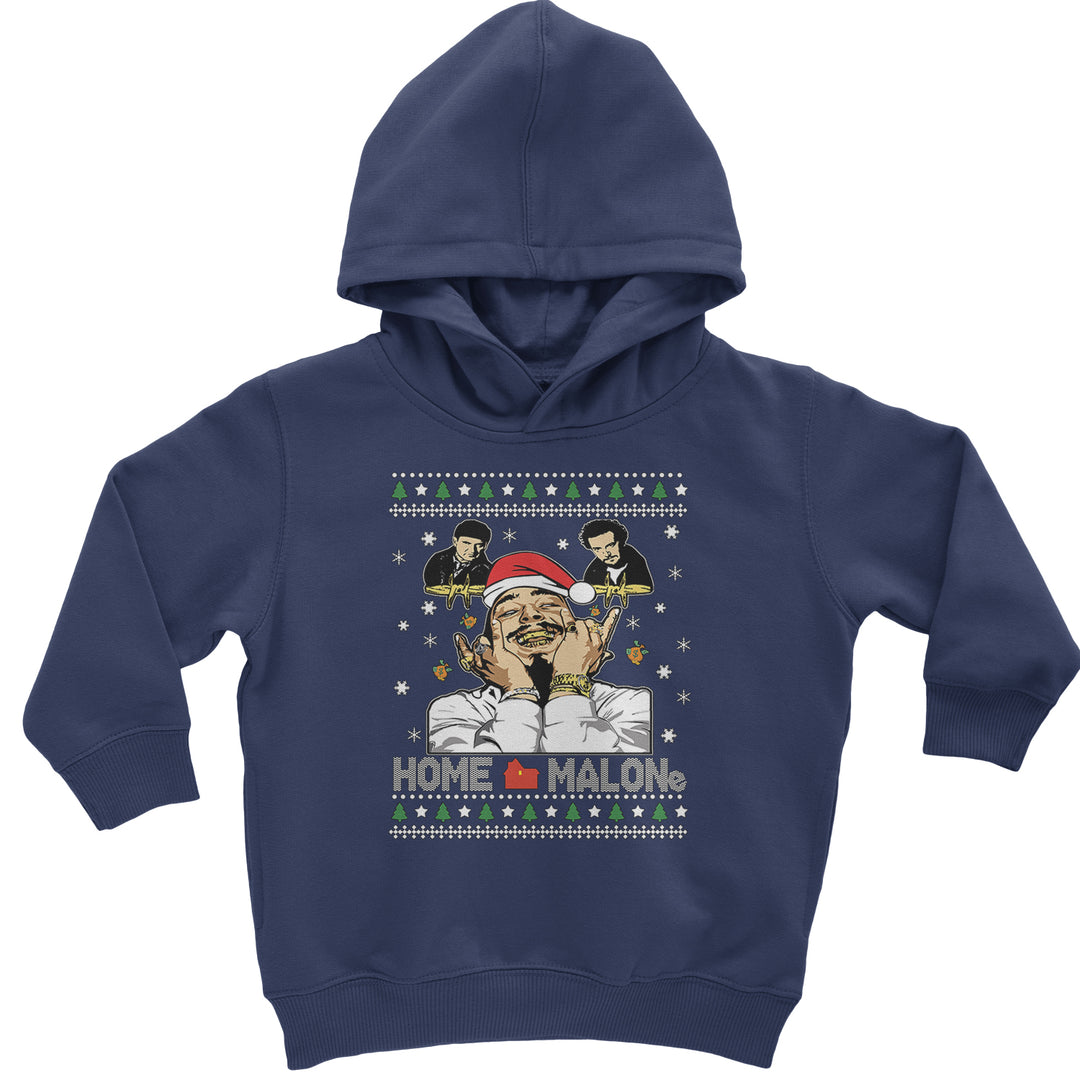 Home Malone Ugly Christmas graphic on Toddler Hoodie and Baby Fleece Onesie in Navy Blue