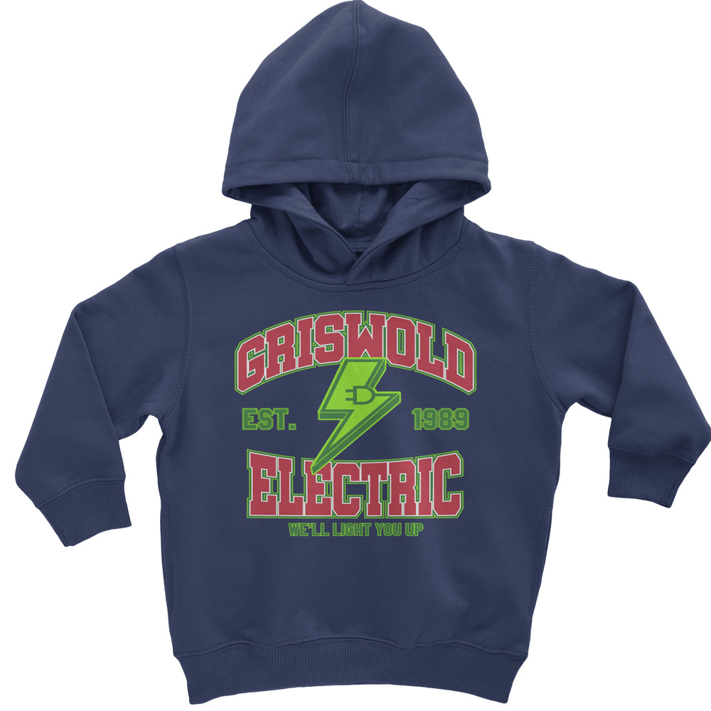 Griswold Electric We'll Light You Up graphic on Toddler Hoodie and Baby Fleece Onesie in Navy Blue