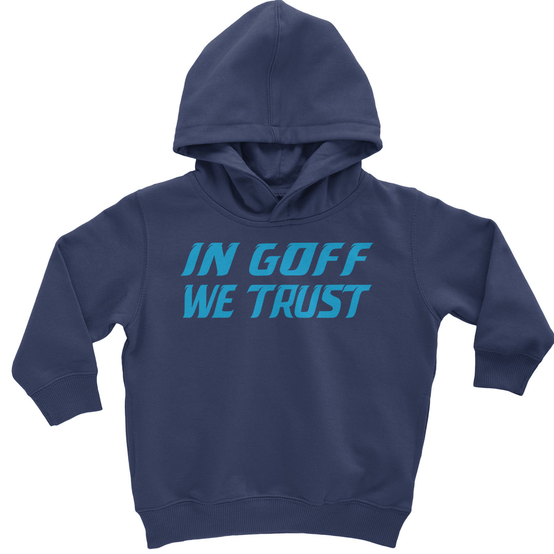 In Goff We Trust Detroit graphic on Toddler Hoodie and Baby Fleece Onesie in Navy Blue
