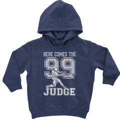 "HERE COMES THE 99 JUDGE" baseball batter mid-swing graphic on Toddler Pullover Fleece Hoodie or Infant Fleece One-Piece