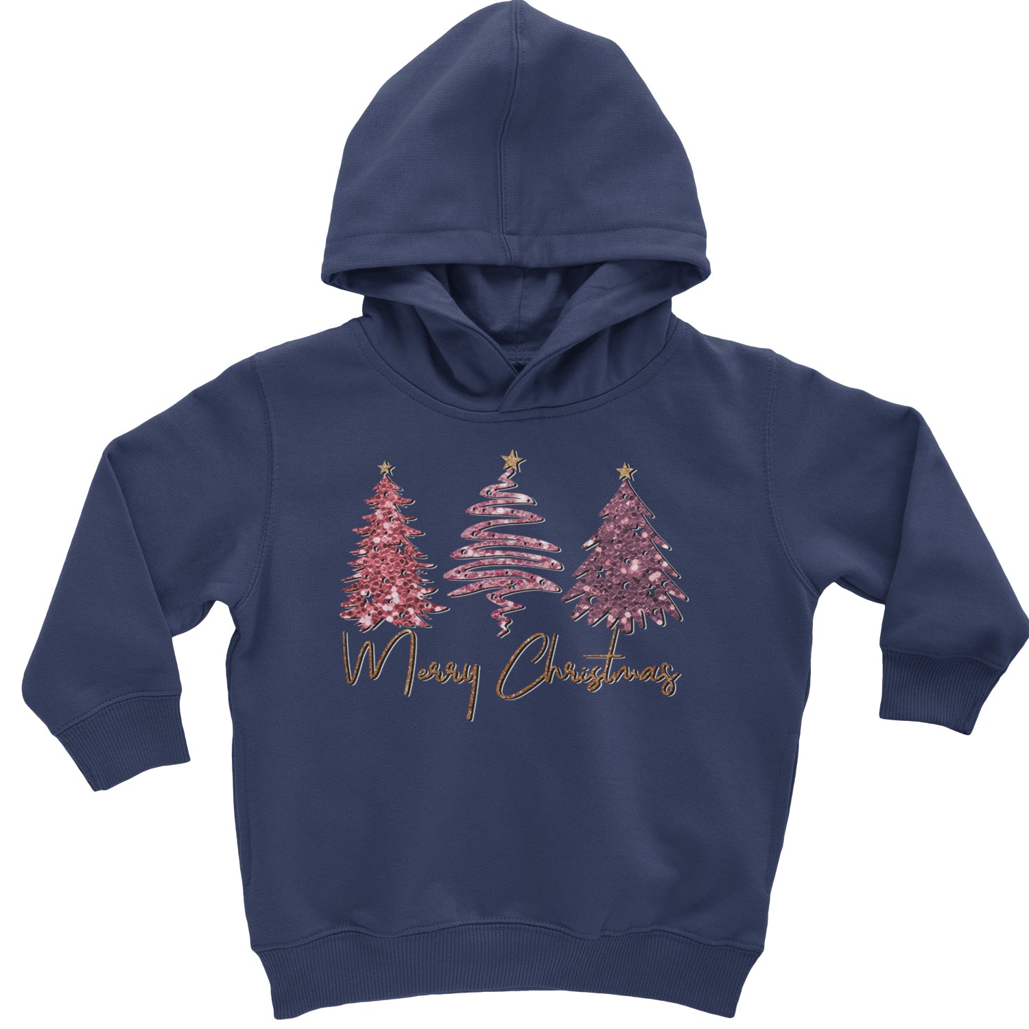 Merry Christmas Faux Glitter Trees Toddler Hoodie And Infant Fleece Romper Navy Blue