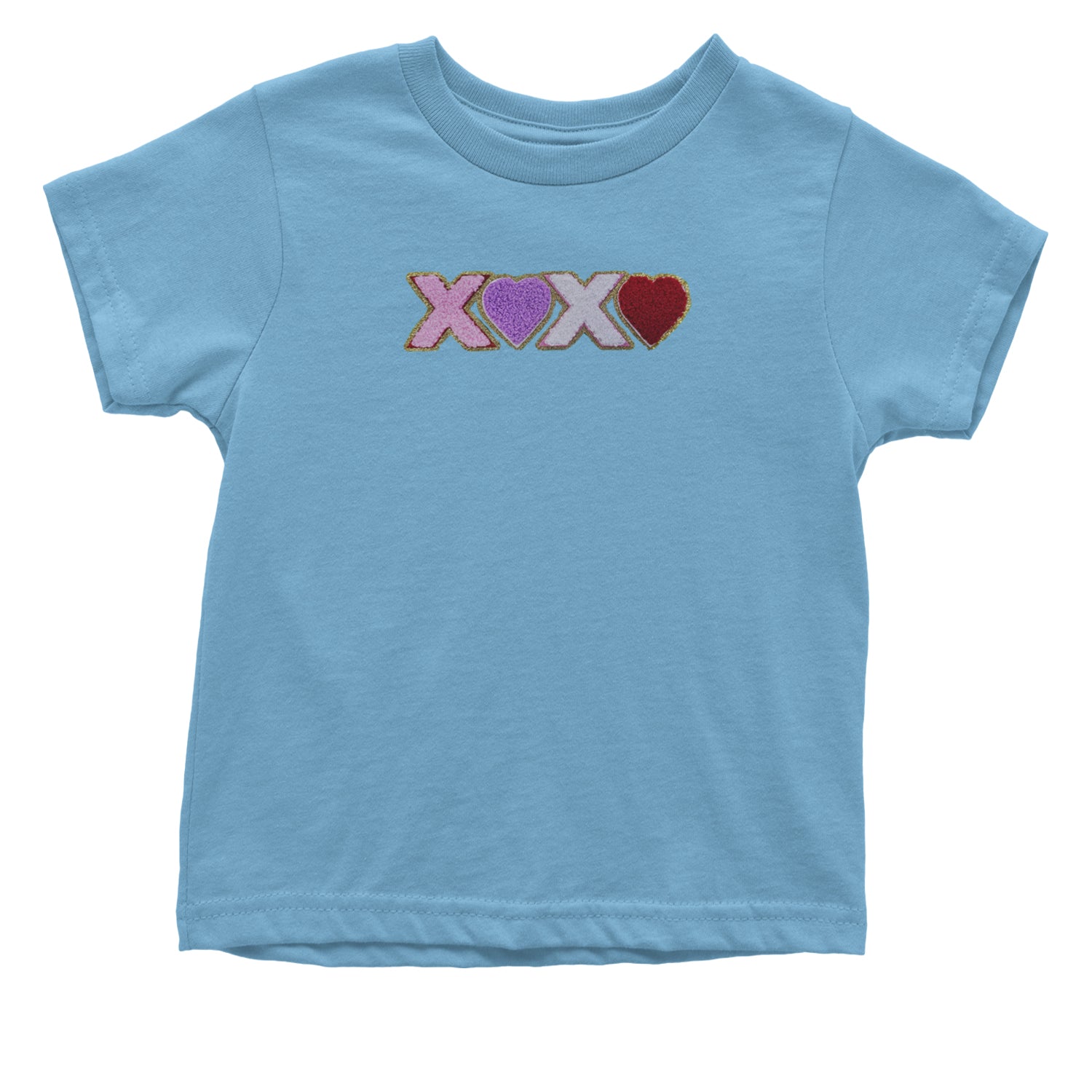 XOXO Chenille Patch Valentines Days Infant One-Piece Romper Bodysuit and Toddler T-shirt Light Blue