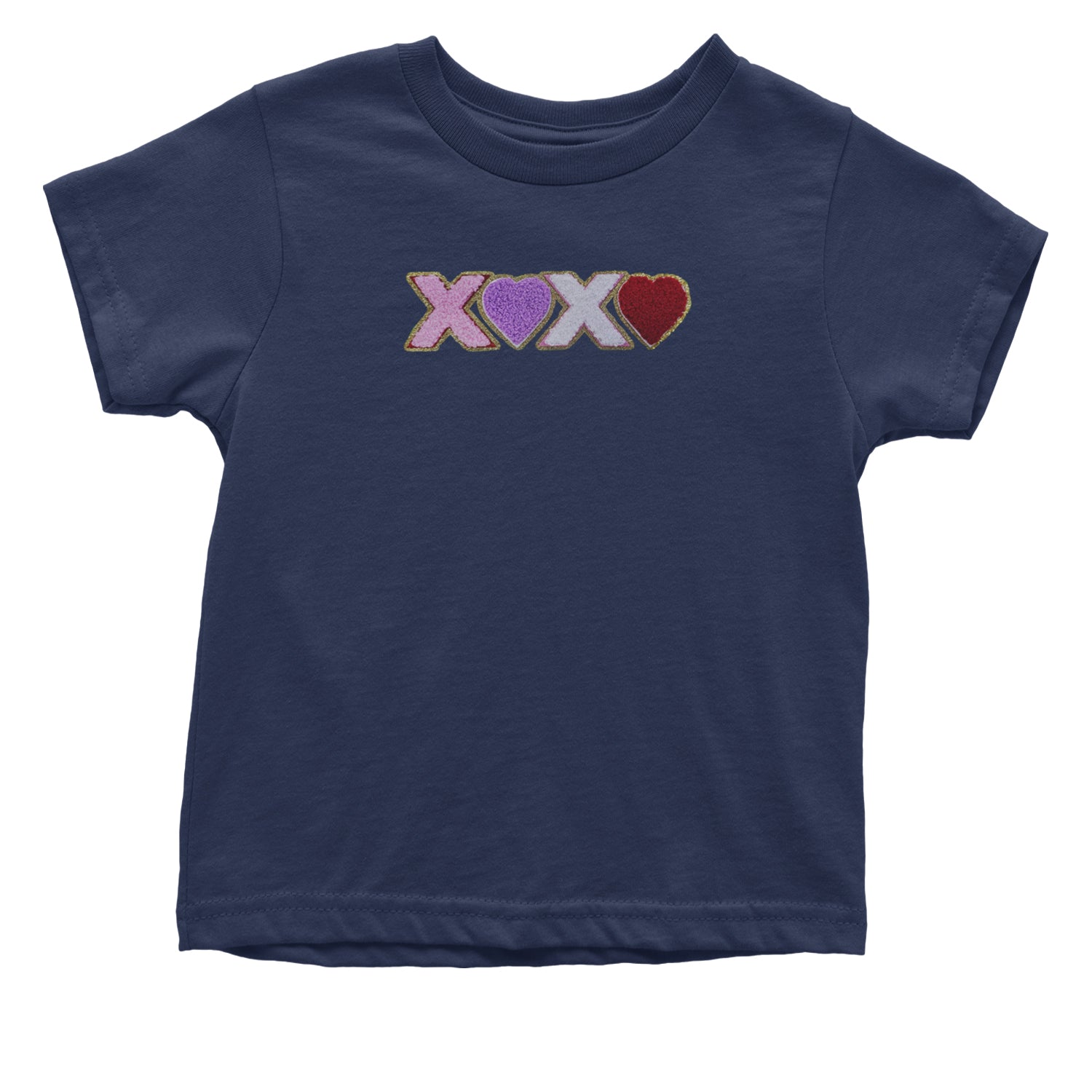 XOXO Chenille Patch Valentines Days Infant One-Piece Romper Bodysuit and Toddler T-shirt Navy Blue