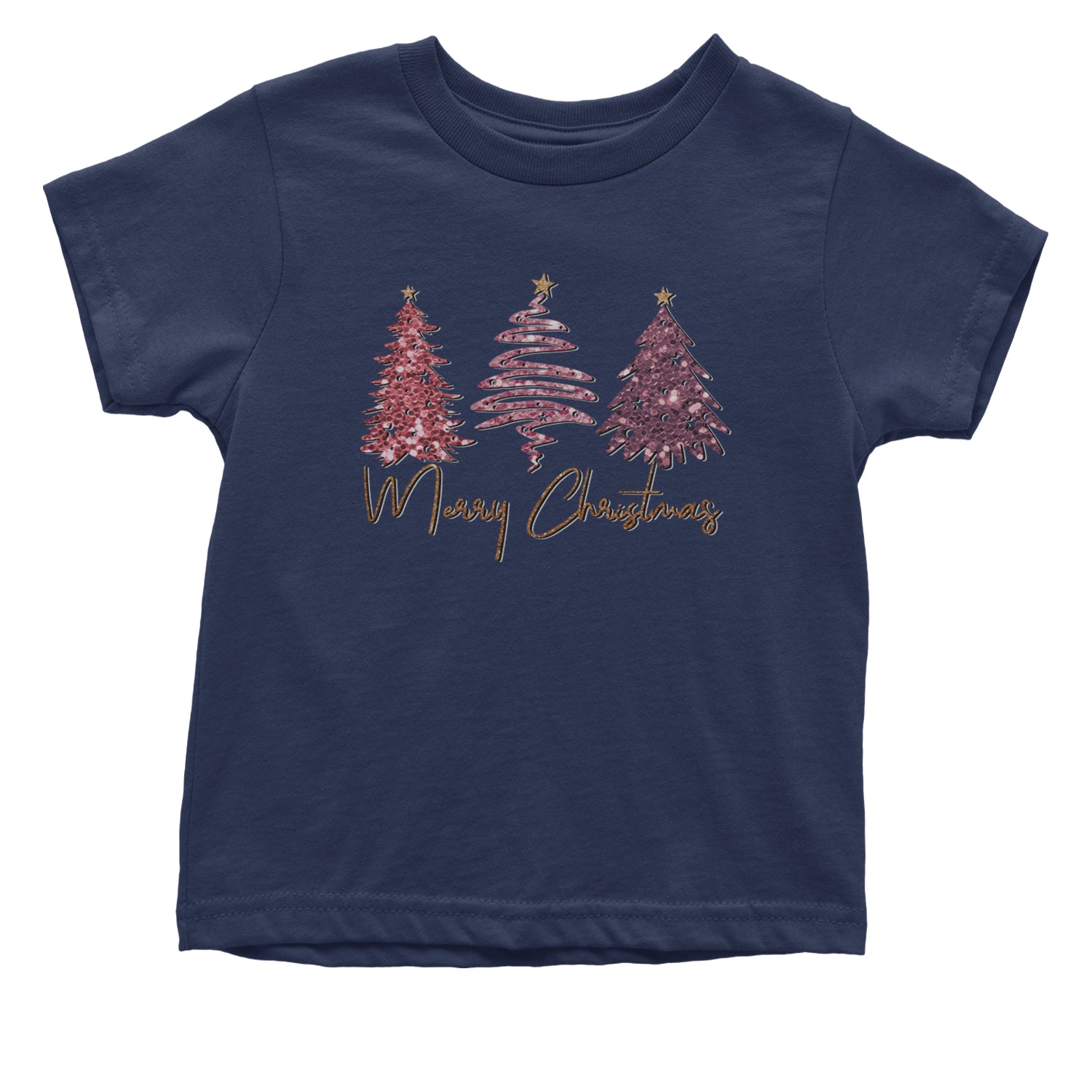 Merry Christmas Faux Glitter Trees Infant One-Piece Romper Bodysuit and Toddler T-shirt Navy Blue