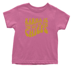 Karma Is The Guy On The Chiefs Boyfriend Infant One-Piece Romper Bodysuit and Toddler T-shirt Raspberry