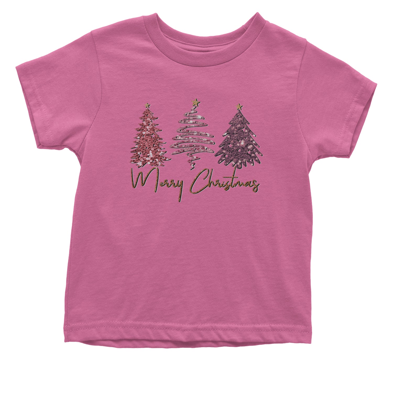 Merry Christmas Faux Glitter Trees Infant One-Piece Romper Bodysuit and Toddler T-shirt Raspberry