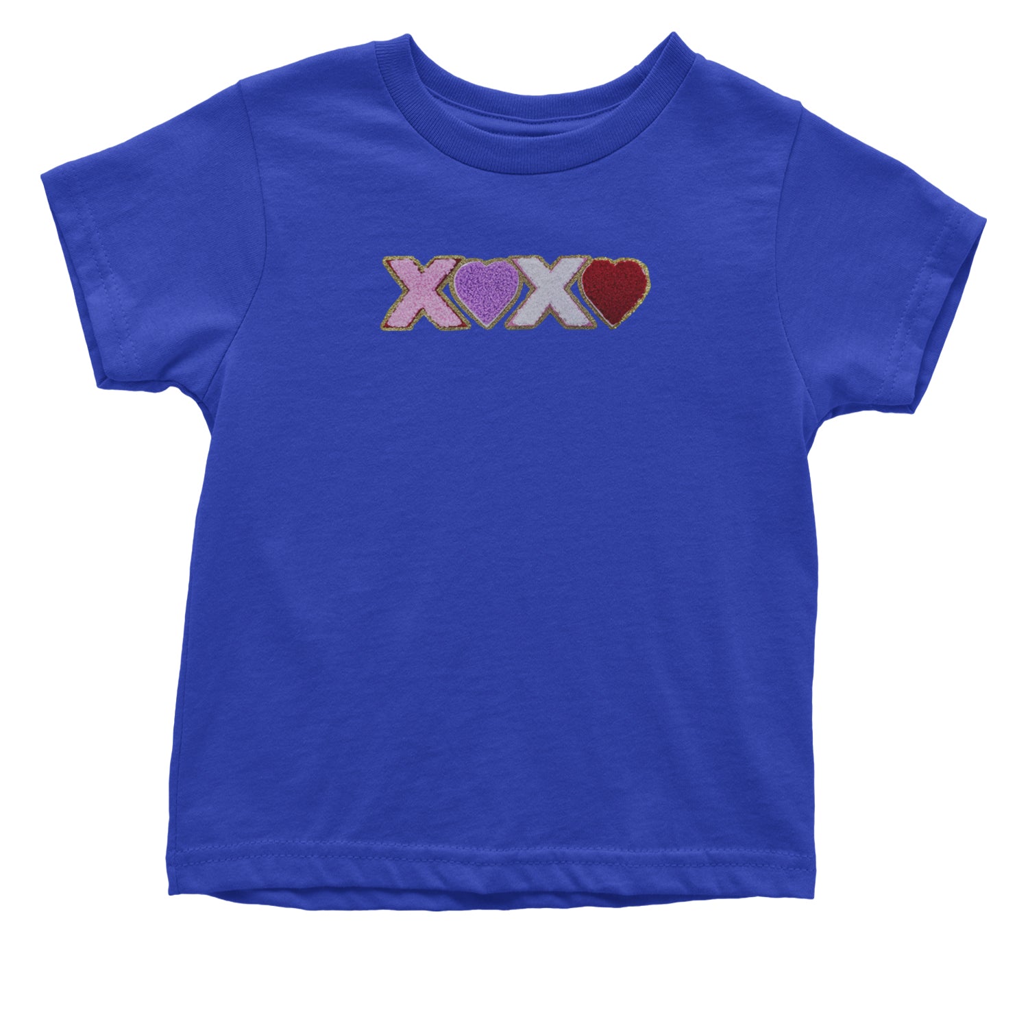 XOXO Chenille Patch Valentines Days Infant One-Piece Romper Bodysuit and Toddler T-shirt Royal Blue