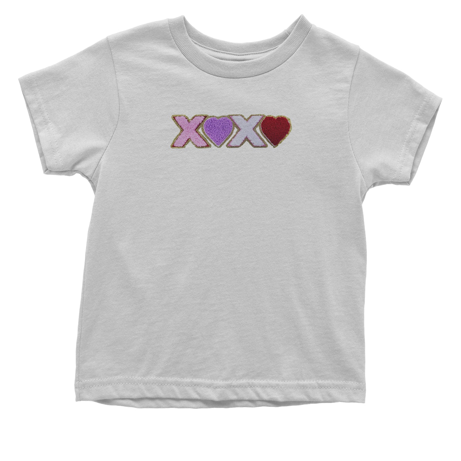 XOXO Chenille Patch Valentines Days Infant One-Piece Romper Bodysuit and Toddler T-shirt White