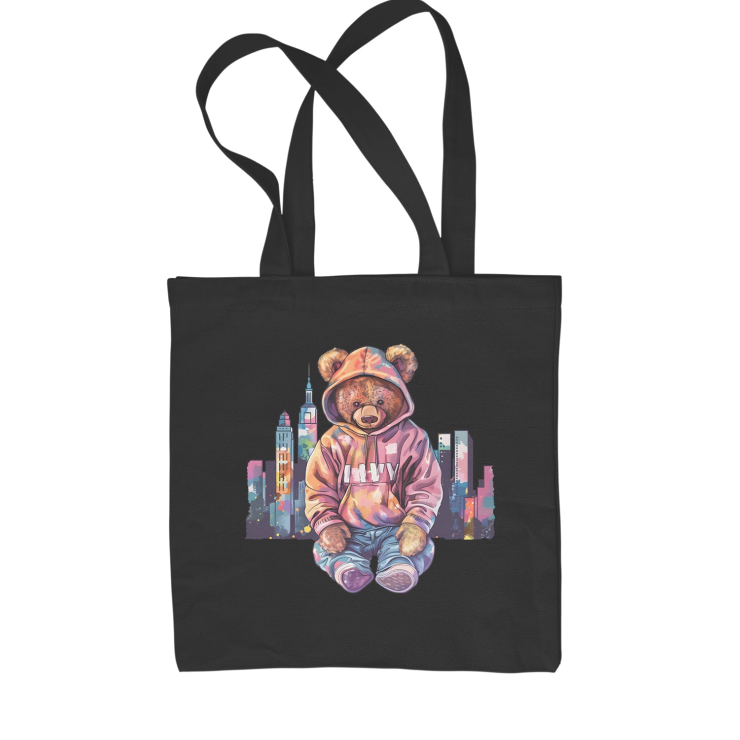 City Skyline Urban Graffiti Bear Shopping Tote Bag Black