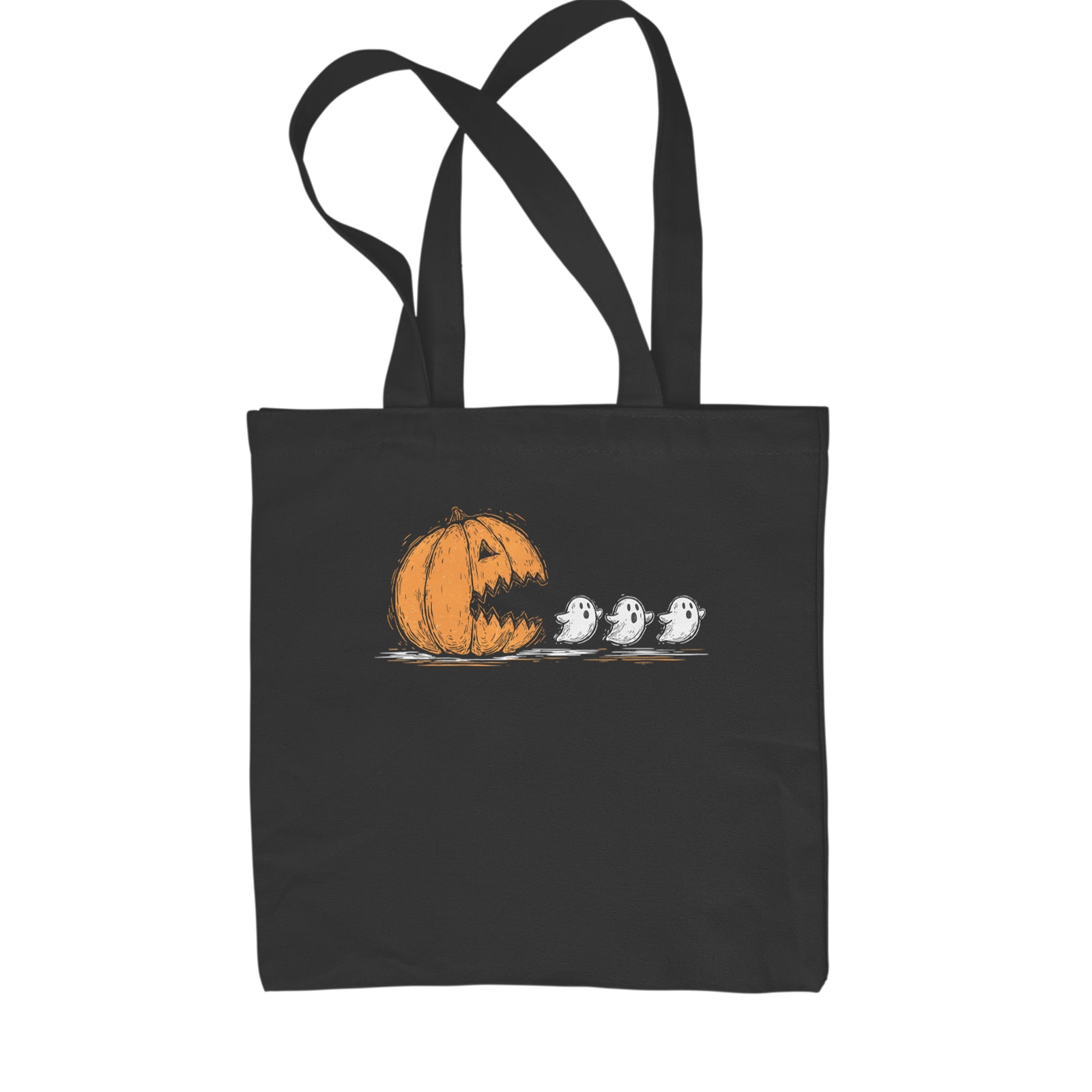 Pumpkin Pacman Chasing Ghosts Halloween Shopping Tote Bag Black