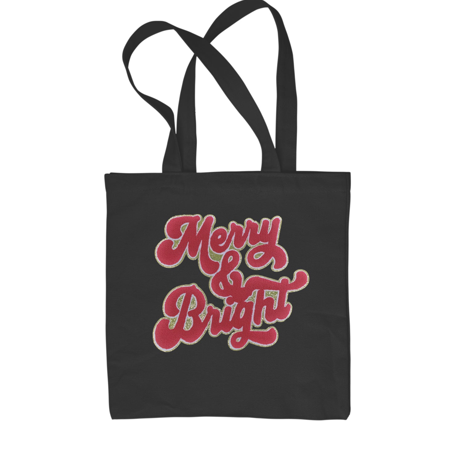 Merry & Bright Chenille Glitter Shopping Tote Bag Black