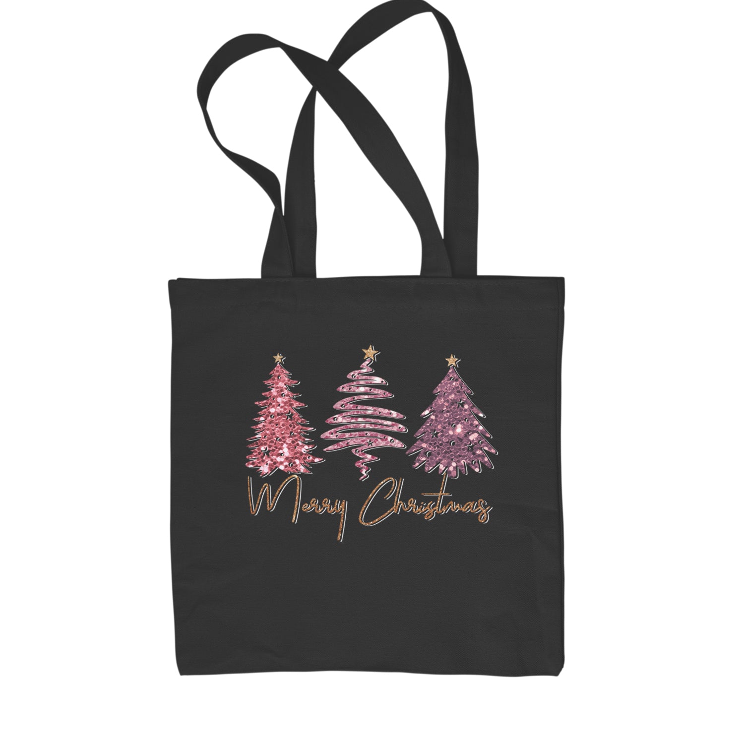 Merry Christmas Faux Glitter Trees Shopping Tote Bag Black