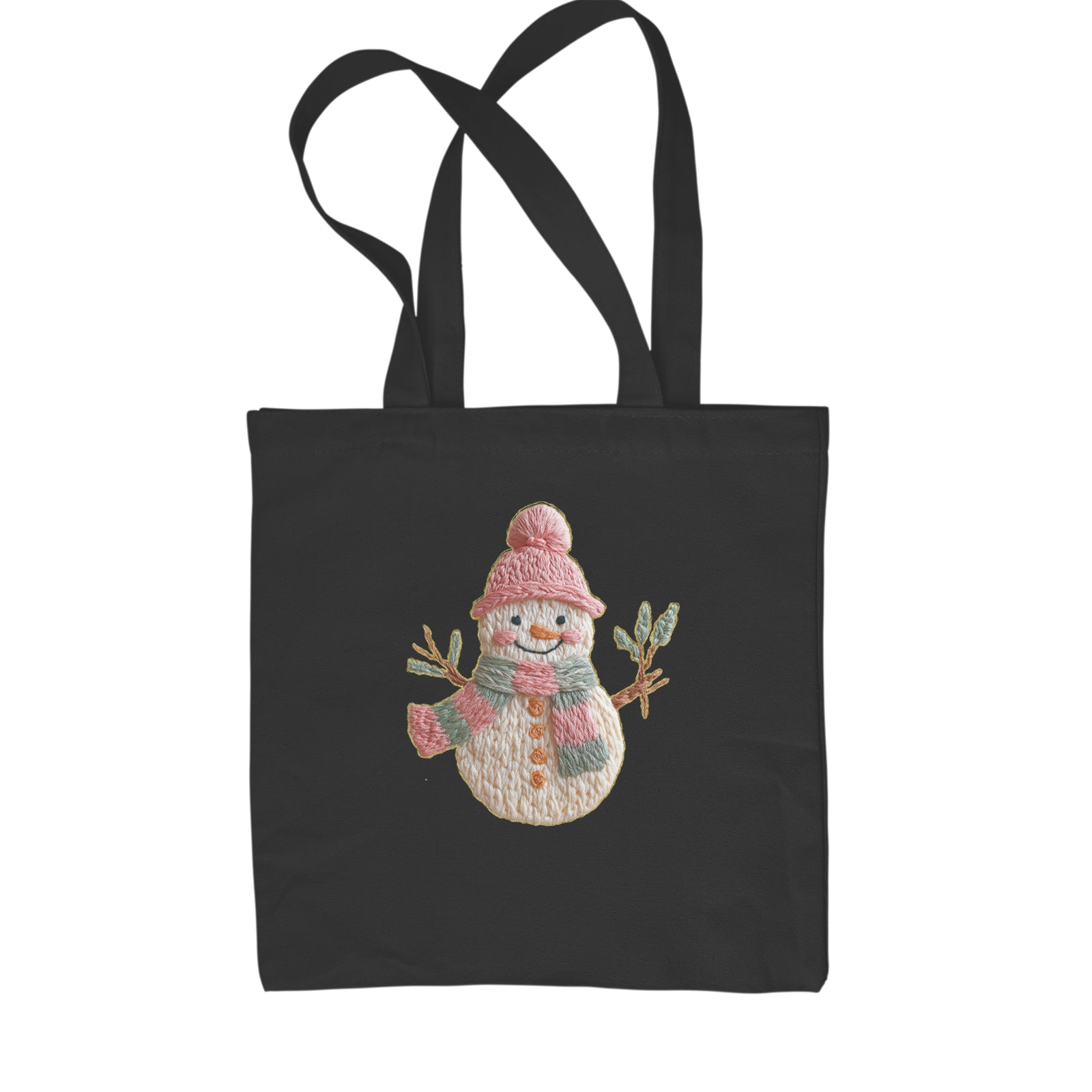 Vintage Snowman Embroidery Art Soft Cottagecore Shopping Tote Bag Black