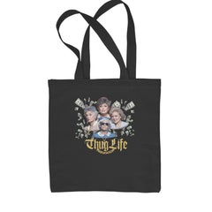 Golden Chain Thug Life Girls artwork with pink background, floating money, bold lettering and gold chain on a Classic Cotton Canvas Tote