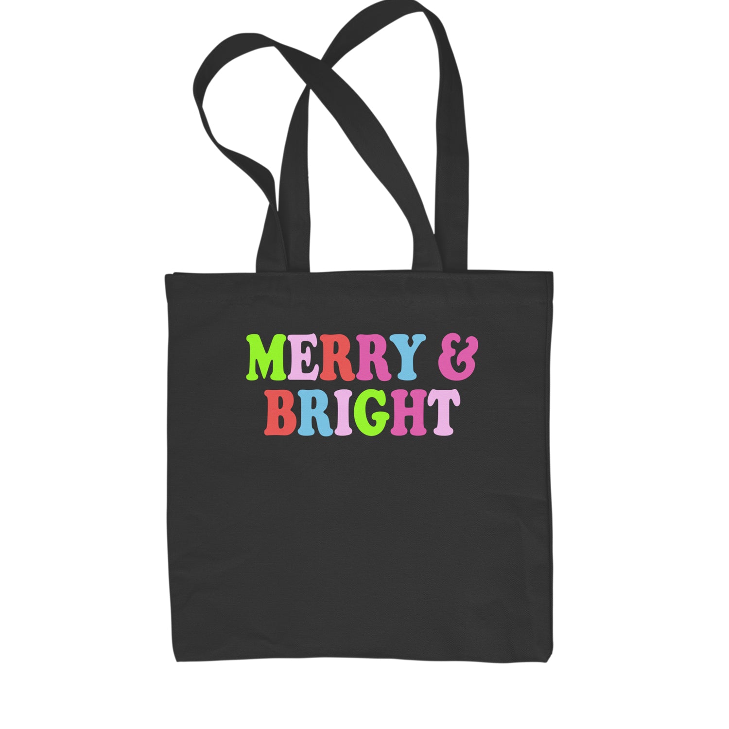 Merry and Bright Festive Christmas Holiday Shopping Tote Bag Black