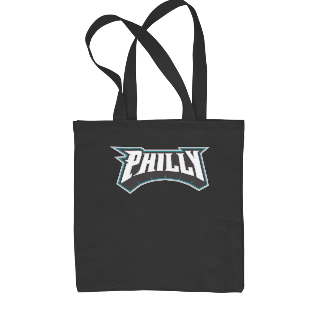 Philly Bold Block Throwback retro block lettering on a Classic Cotton Canvas Tote, flat 15 by 16 inch 12 oz cotton canvas with reinforced web handles
