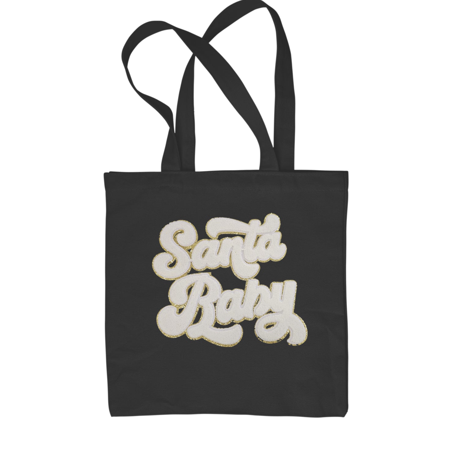 White Santa Baby Chenille Patch Shopping Tote Bag Black