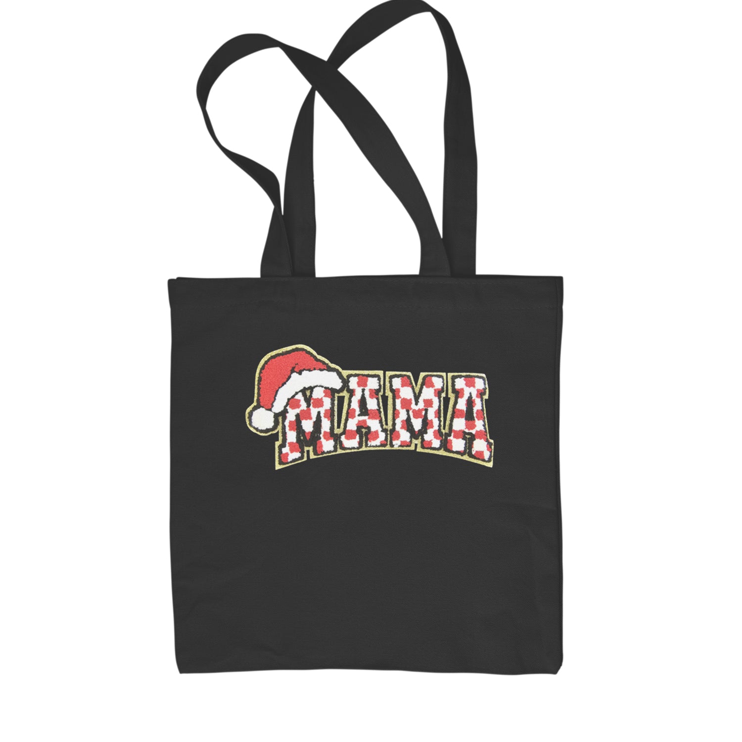 Mama Santa Hat Chenille Patch Shopping Tote Bag Black