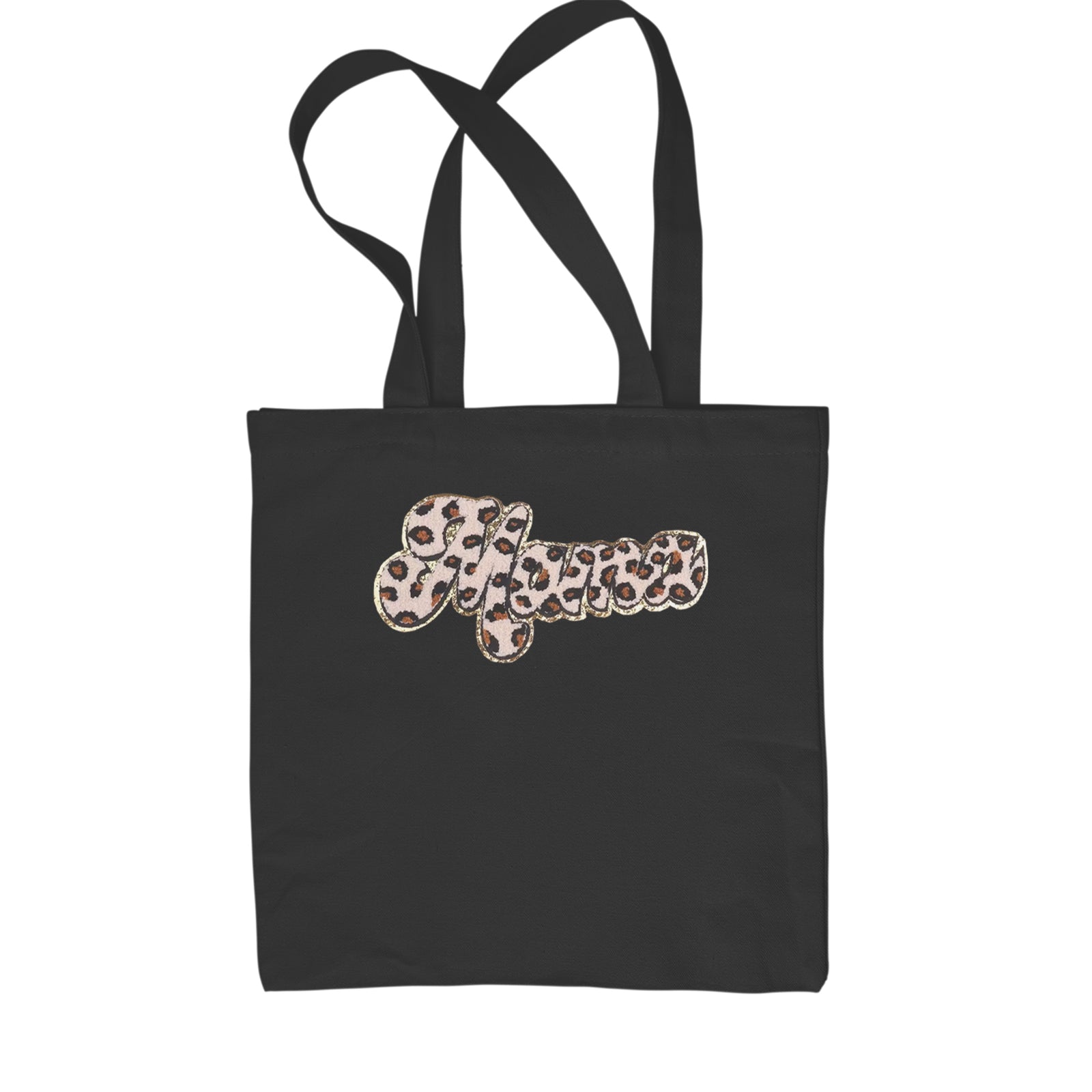 Mama Cheetah Print Glitter Chenille Patch Shopping Tote Bag Black