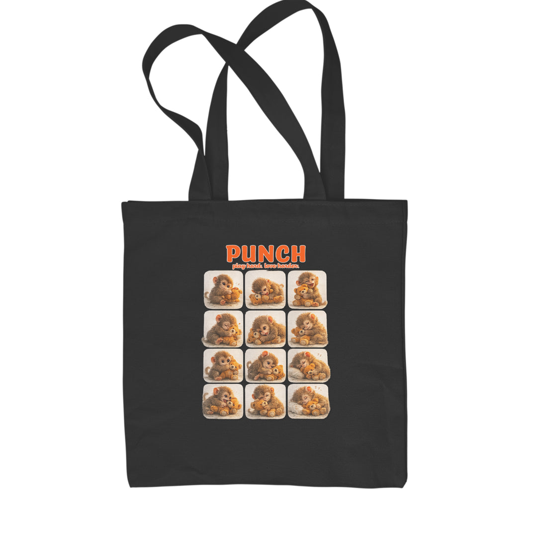Classic Cotton Canvas Tote with cute monkey mood grid and plush buddy artwork, bold "PUNCH" and "play hard. love harder." text