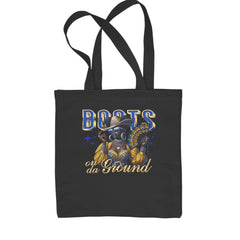 Classic Cotton Canvas Tote with blinged-out cowgirl in shades holding a folding fan and "Boots on da Ground" wording