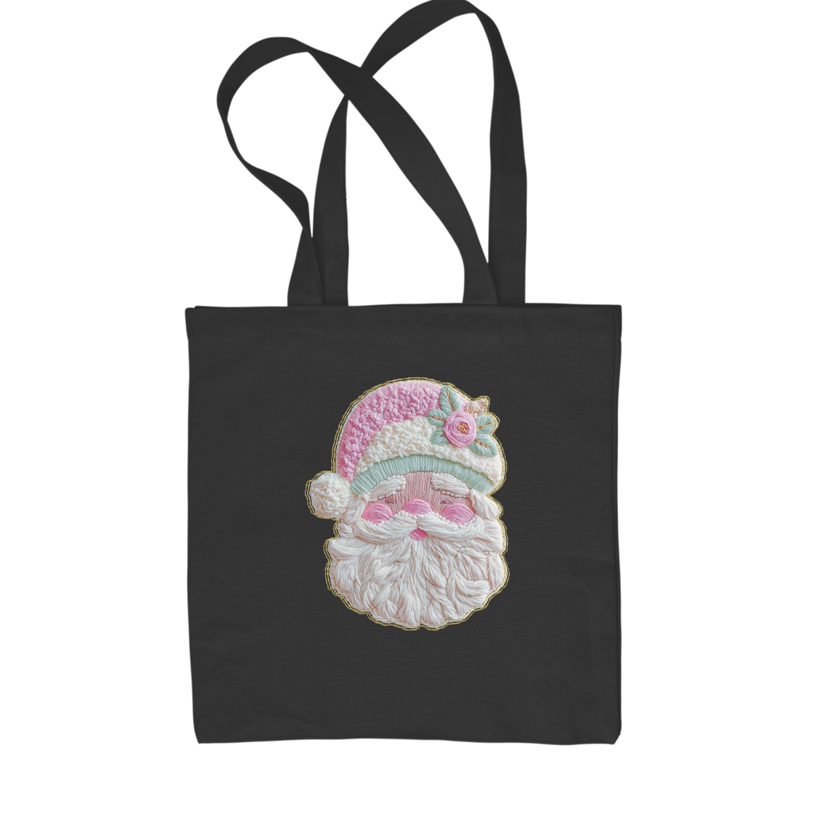 Vintage Santa Embroidery Art Soft Cottagecore Shopping Tote Bag Black