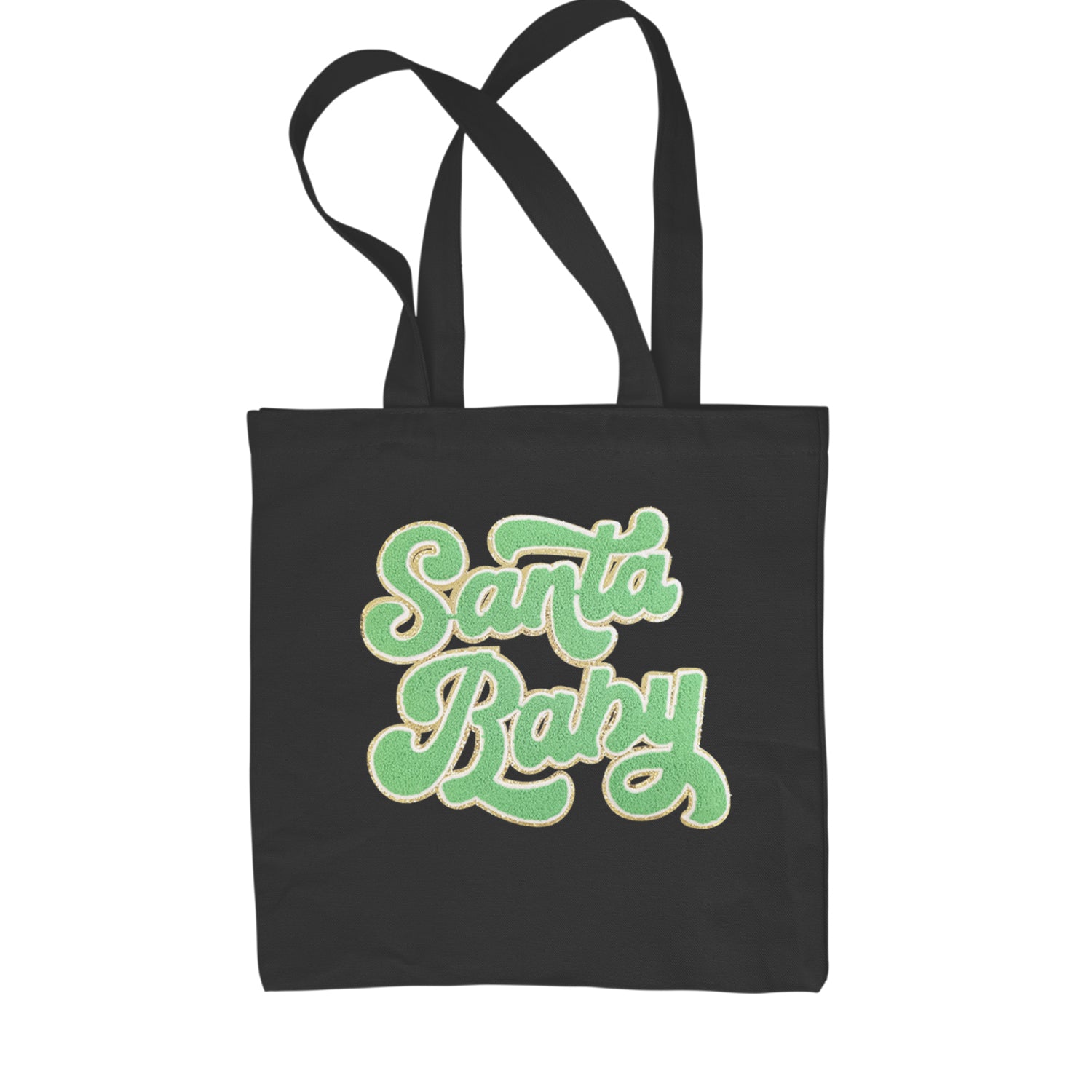 Green Santa Baby Chenille Patch Shopping Tote Bag Black