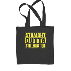 Straight Outta Steeler Nation Football design on a Classic Cotton Canvas Tote, flat 15 by 16 inch 12 oz cotton canvas with web handles