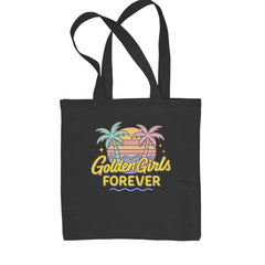 Classic Cotton Canvas Tote with retro sunset stripes, palm trees, wave accents, and bold script reading "Golden Girls Forever"