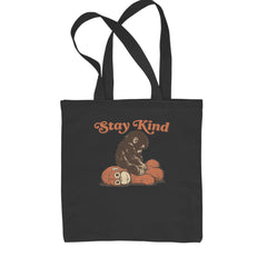 Retro "Stay Kind" macaque with plush illustration on a Classic Cotton Canvas Tote, flat 15 by 16 inch cotton canvas with reinforced web handles