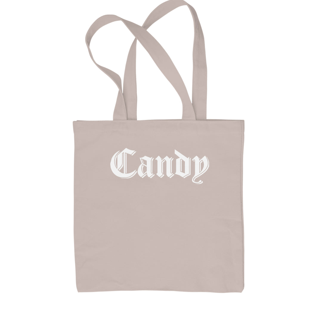 Old English style "Candy" lettering graphic on a Classic Cotton Canvas Tote, flat 15 by 16 inch tote with reinforced cotton web handles