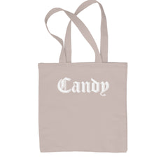 Old English style "Candy" lettering graphic on a Classic Cotton Canvas Tote, flat 15 by 16 inch tote with reinforced cotton web handles