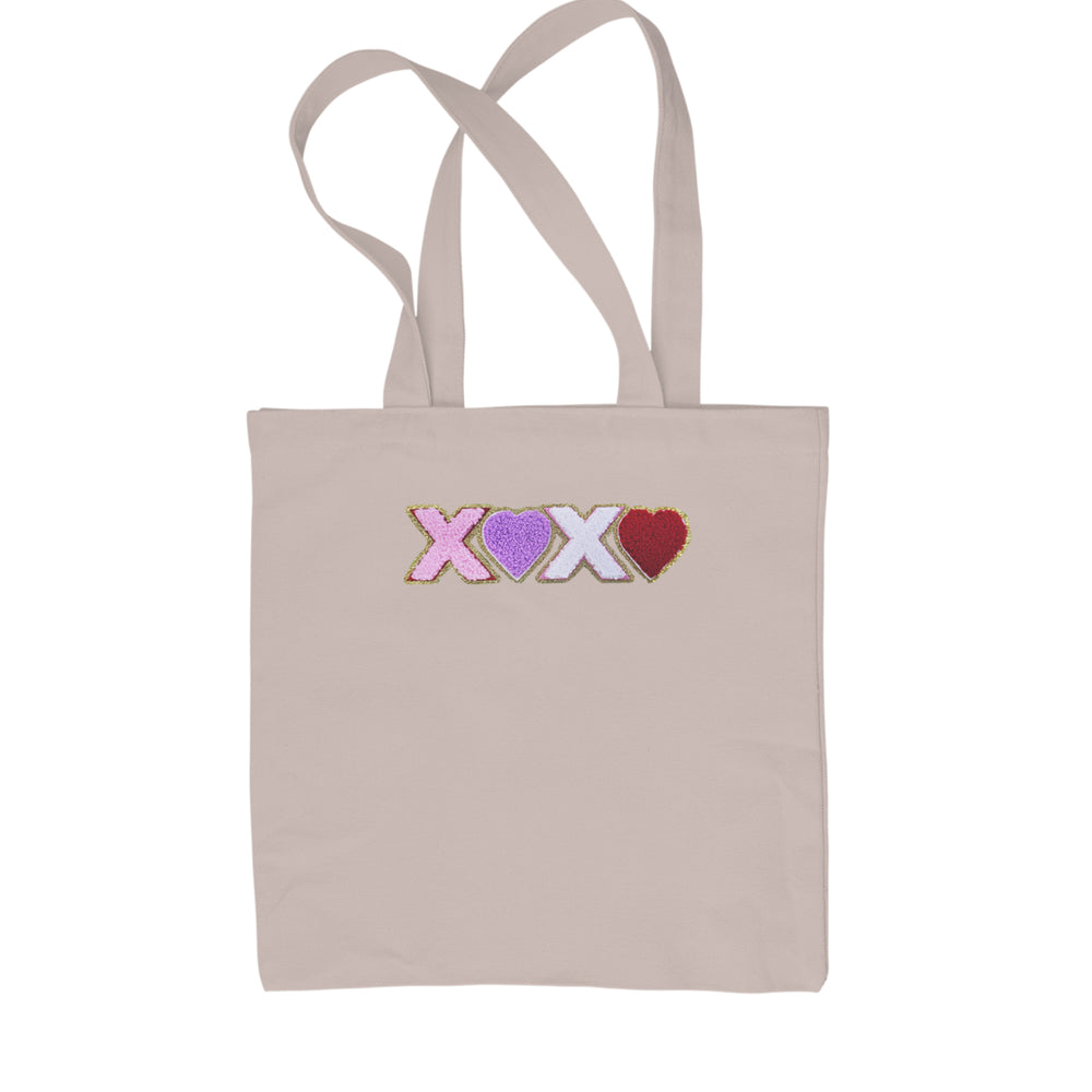 XOXO Chenille Patch Valentines Days Shopping Tote Bag Natural