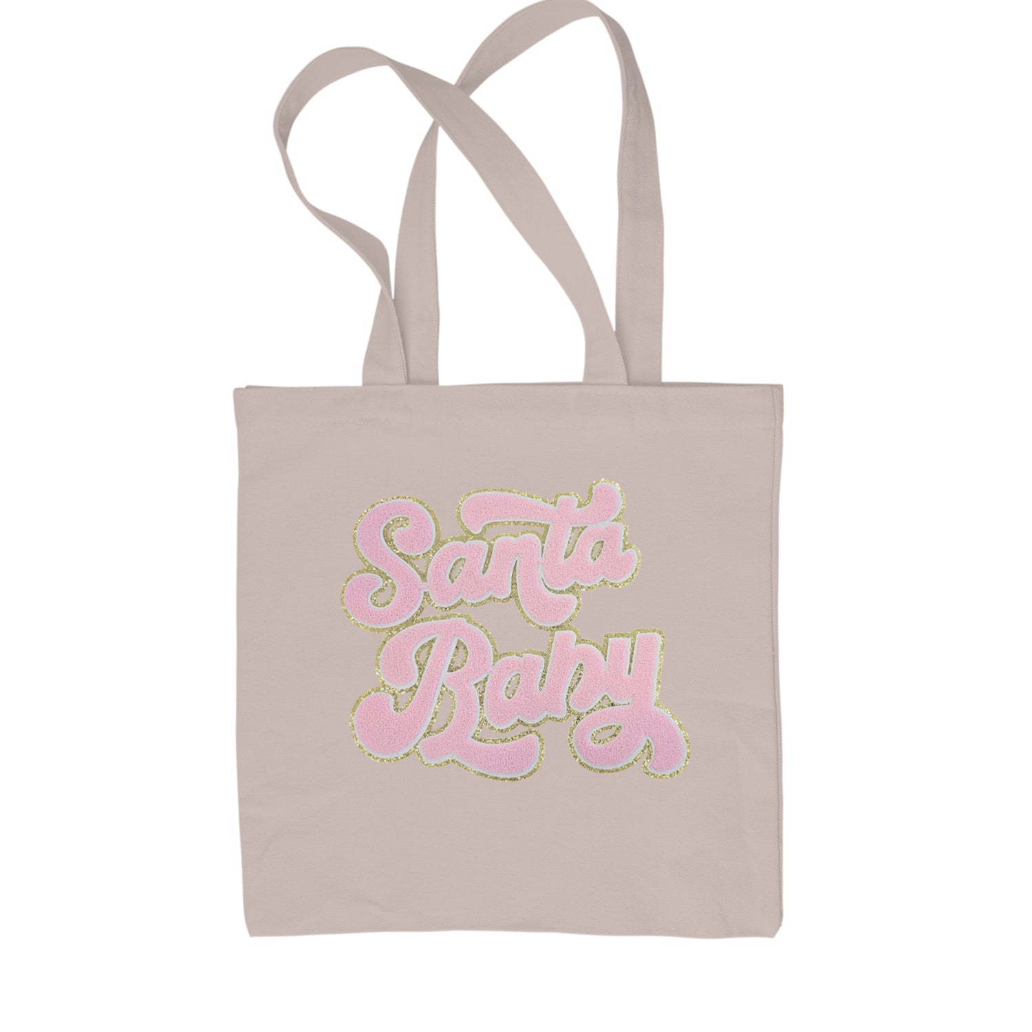 Pink Santa Baby Chenille Patch Shopping Tote Bag Black