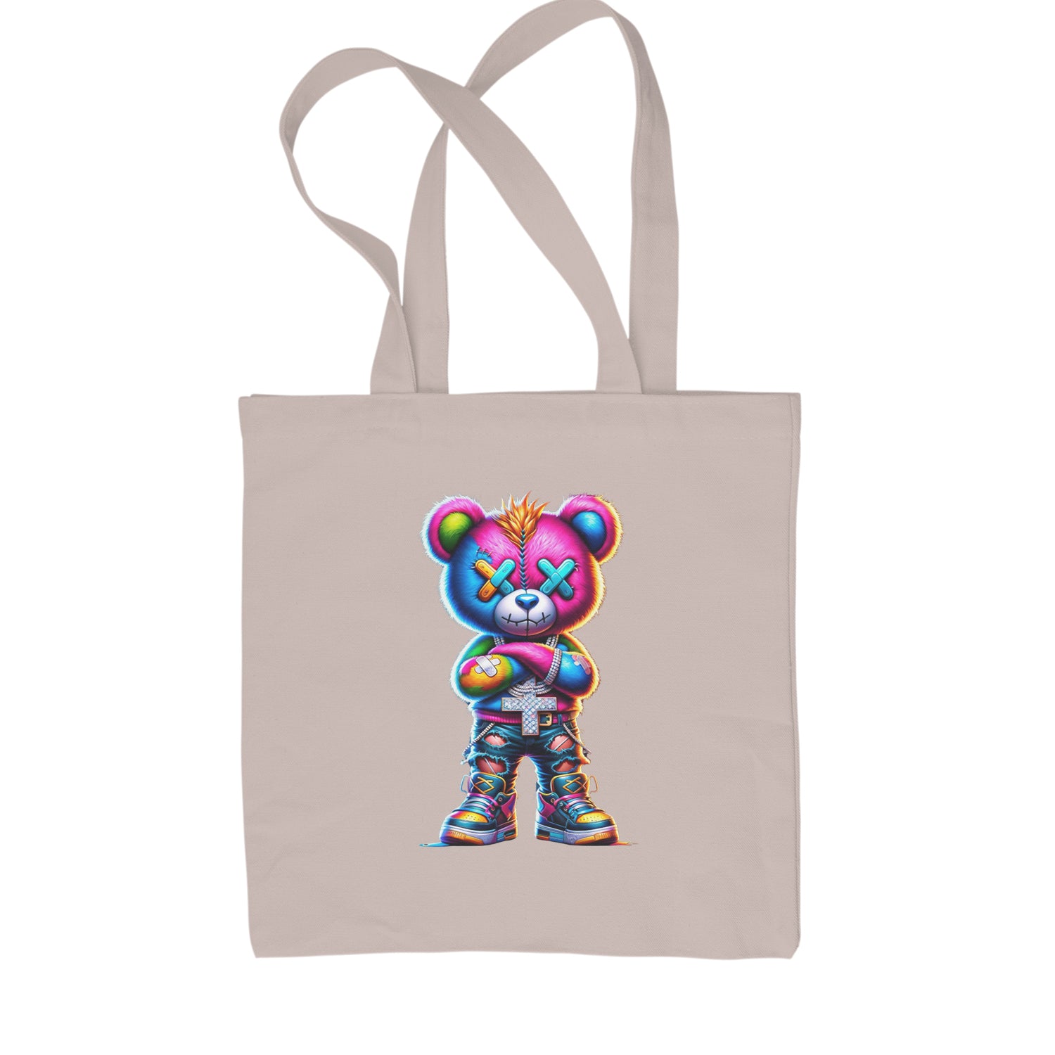 Stitched Neon Urban Graffiti Bear Shopping Tote Bag Black