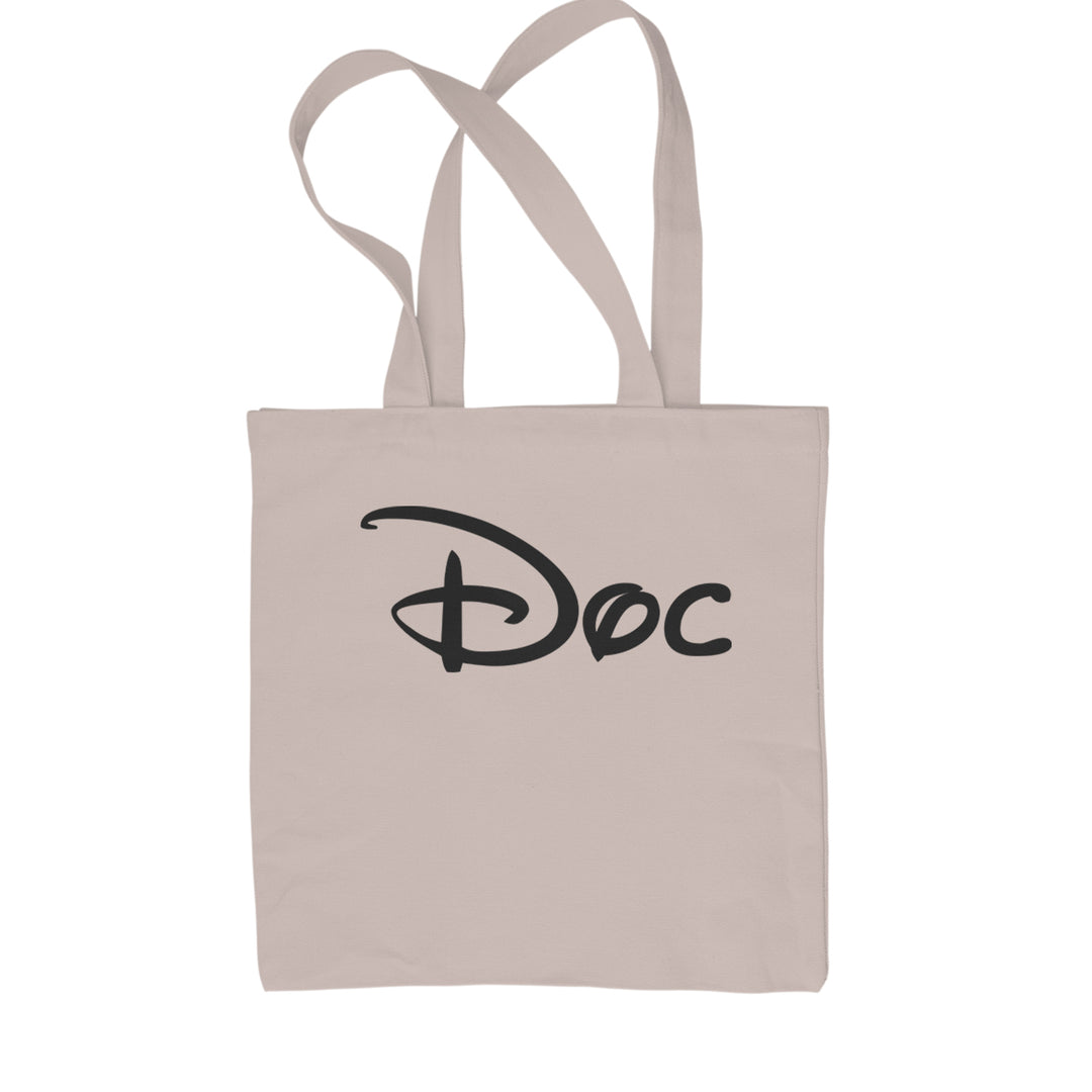 Classic Cotton Canvas Tote with bold script text reading "Doc" for a seven-character group costume theme