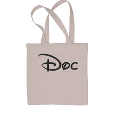 Classic Cotton Canvas Tote with bold script text reading "Doc" for a seven-character group costume theme