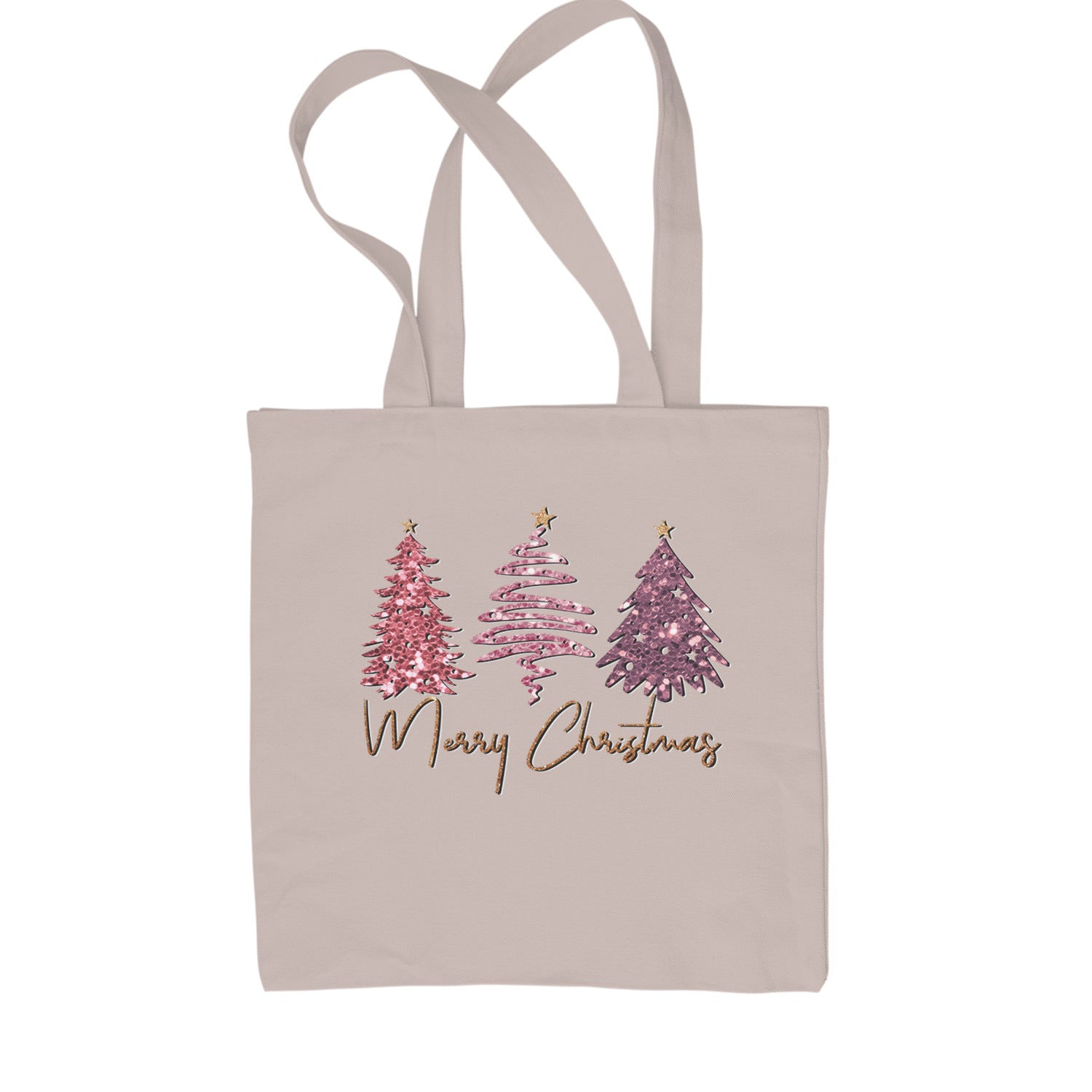 Merry Christmas Faux Glitter Trees Shopping Tote Bag Natural