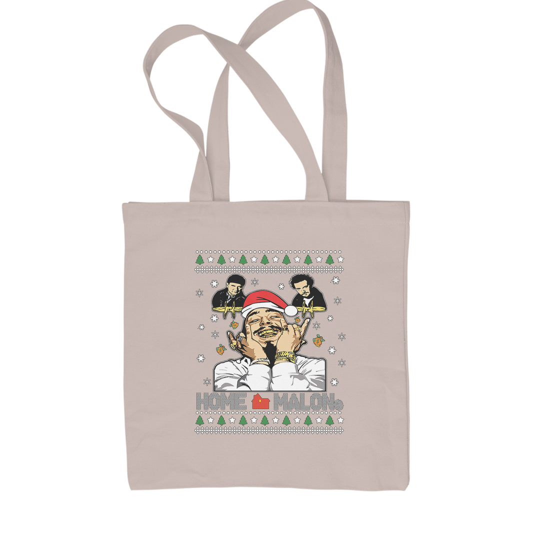 Classic Cotton Canvas Tote with "HOME MALONE" ugly sweater style holiday pattern with snowflakes, trees, and knit bands