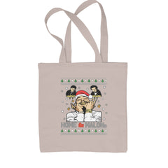 Classic Cotton Canvas Tote with "HOME MALONE" ugly sweater style holiday pattern with snowflakes, trees, and knit bands