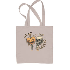 Stay Creepy Skull and Pumpkin Halloween Shopping Tote Bag Natural