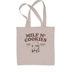 Classic Cotton Canvas Tote with bold "Milf And Cookies" text, milk carton graphic, and "home made" and "baked fresh" accents