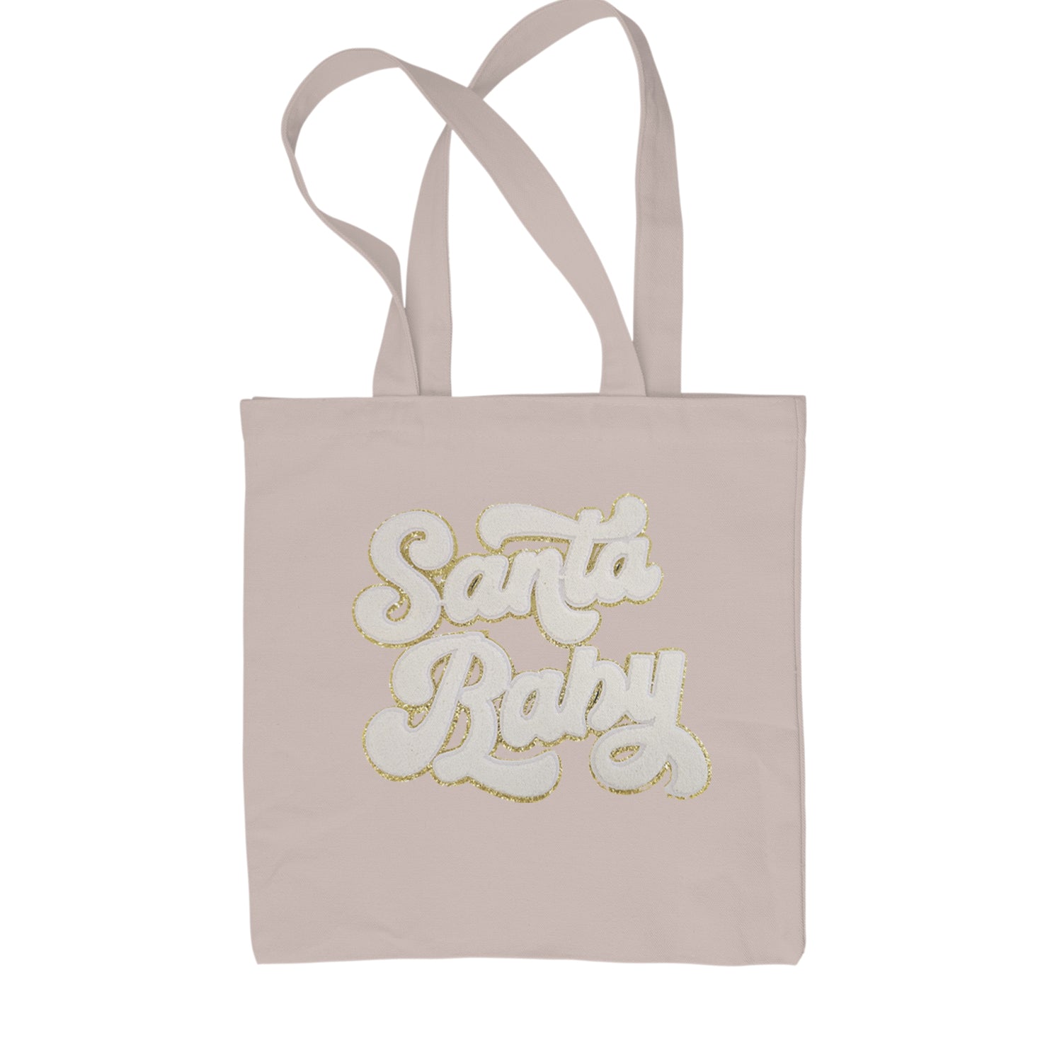 White Santa Baby Chenille Patch Shopping Tote Bag Black