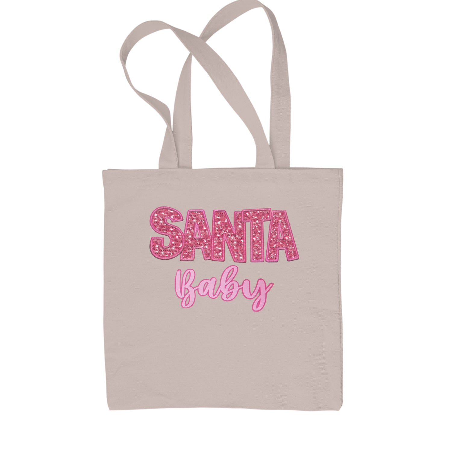 Santa Baby Faux Patch and Sequins Shopping Tote Bag Natural