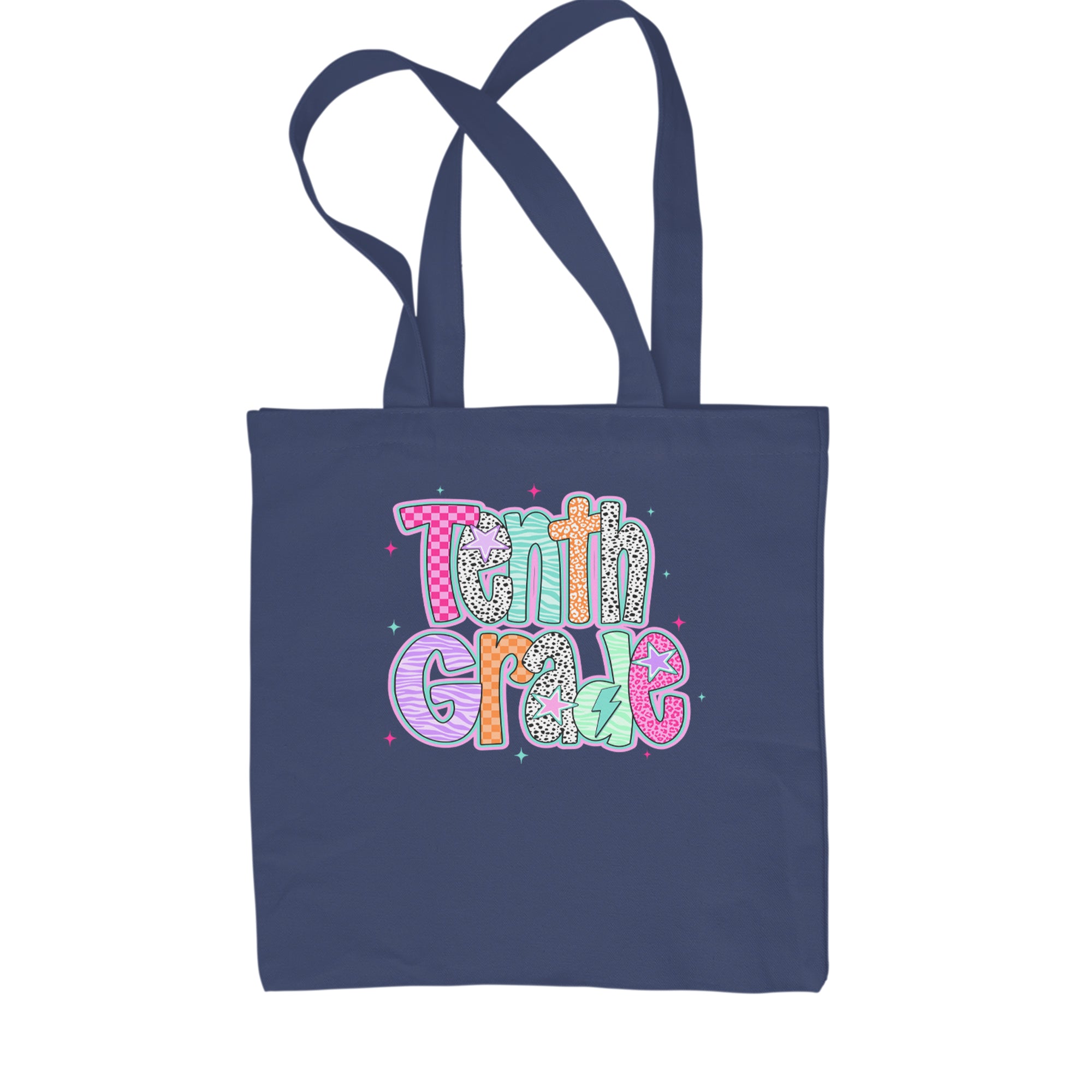 Tenth Grade Trendsetter Colorful Back to School Shopping Tote Bag Navy Blue