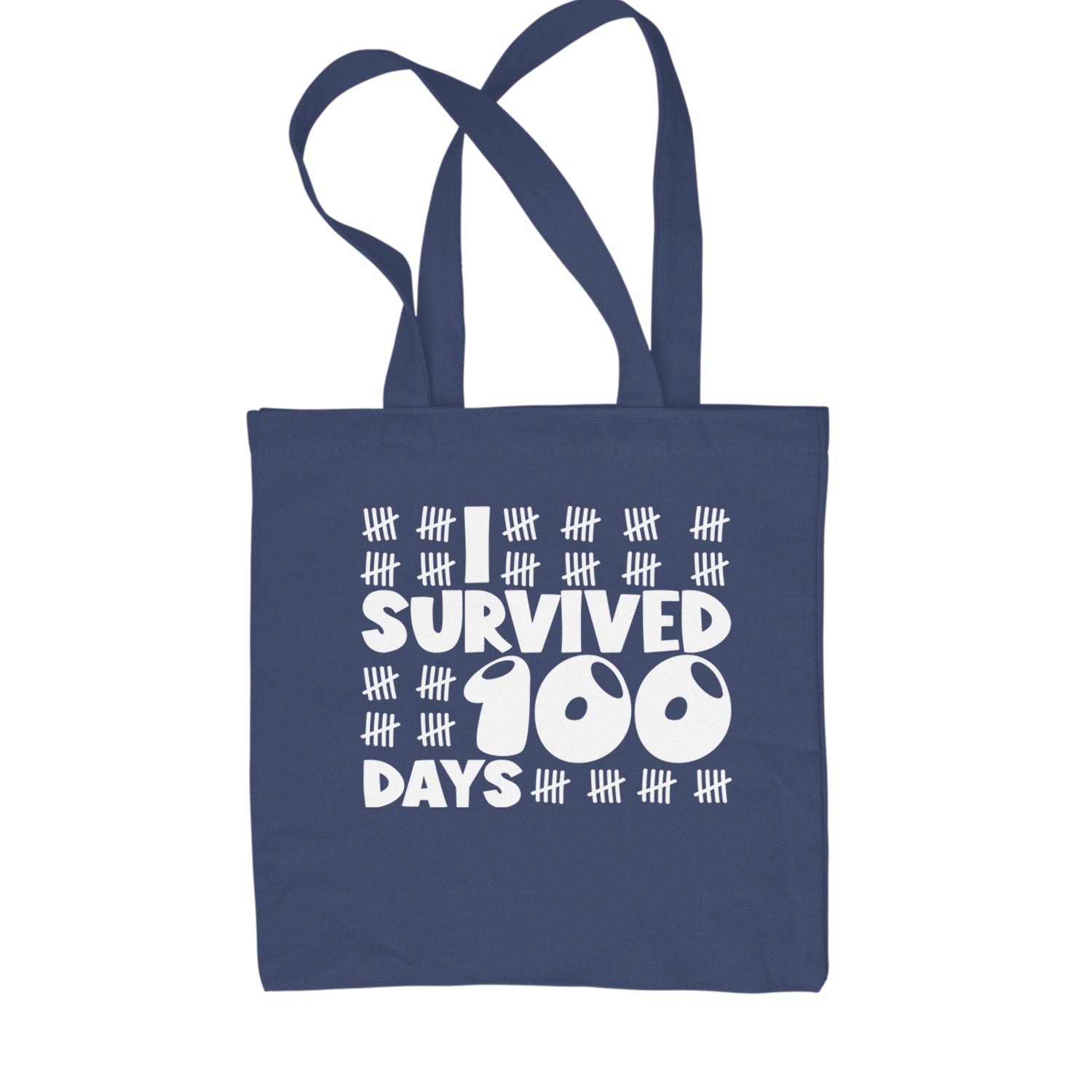 I Survived 100 Days Tally Marks Shopping Tote Bag Navy Blue