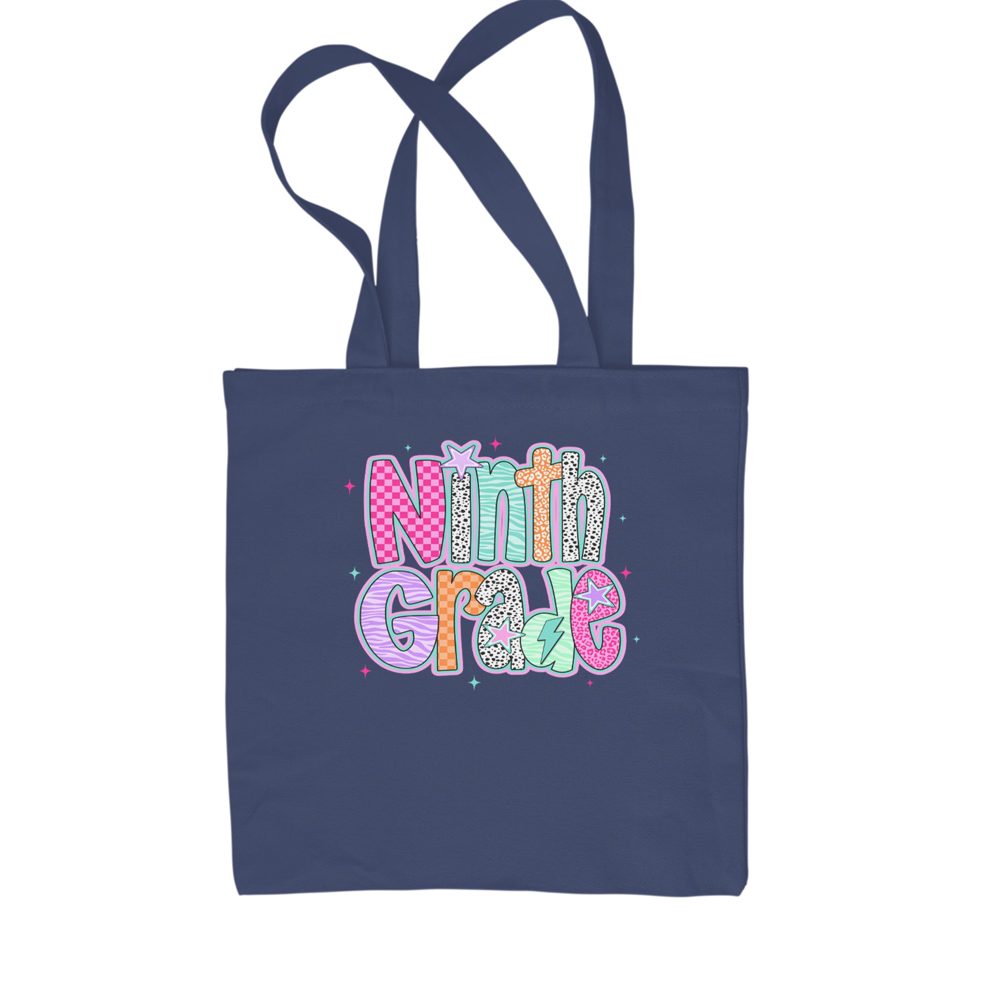 Ninth Grade Freshman Vibes Colorful Back to School Shopping Tote Bag Navy Blue