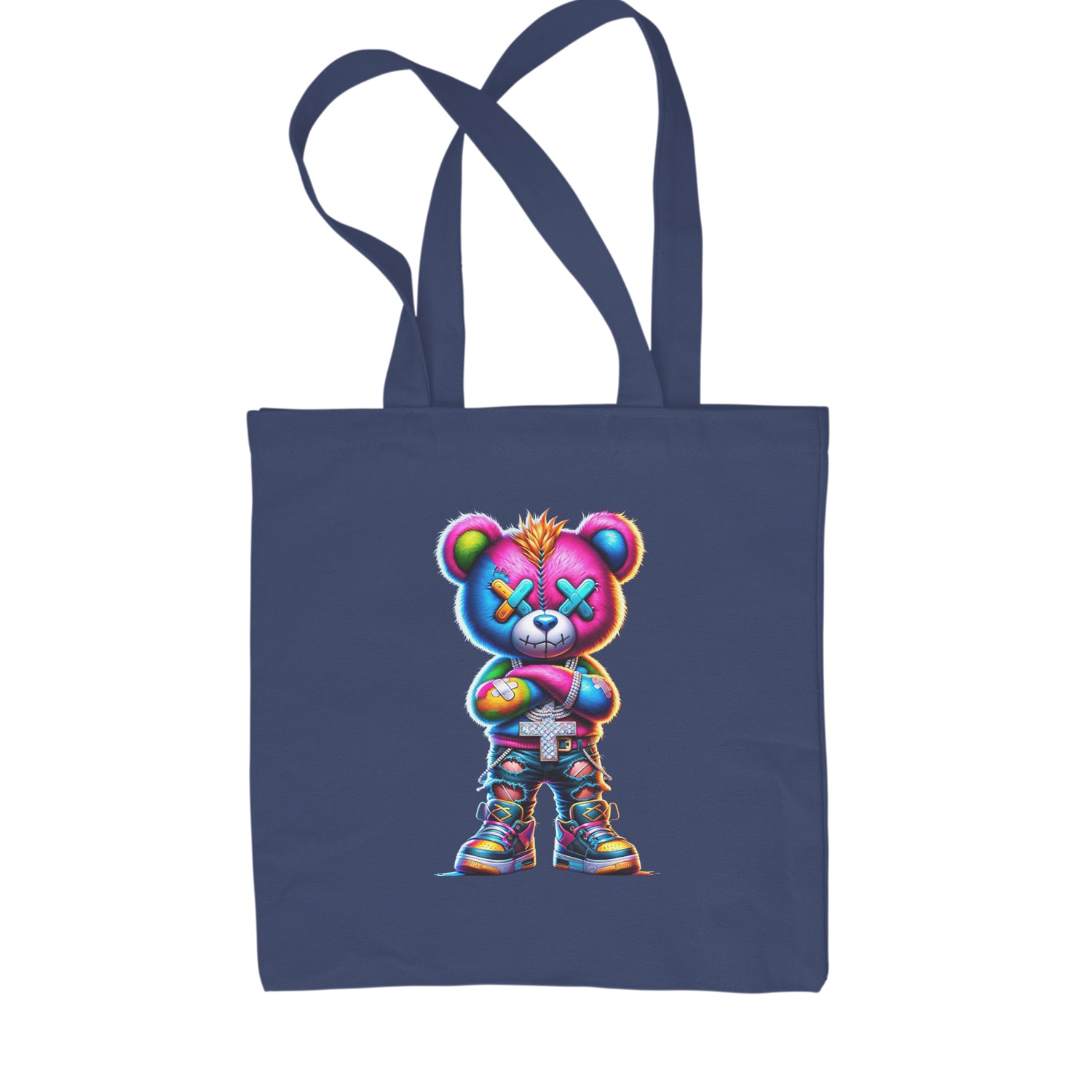 Stitched Neon Urban Graffiti Bear Shopping Tote Bag Navy Blue