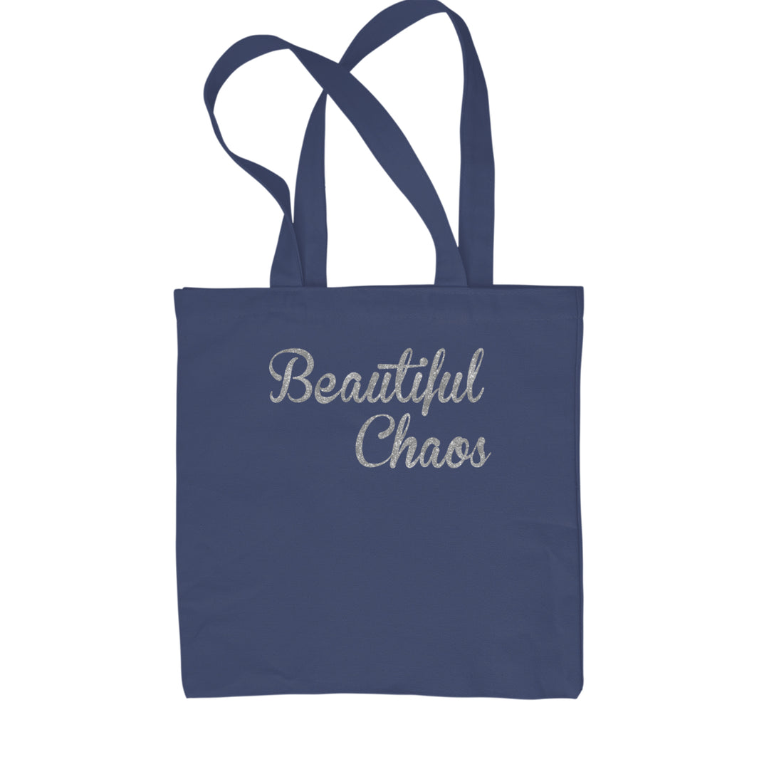 Beautiful Chaos Glitter Music Festival Shopping Tote Bag Navy Blue